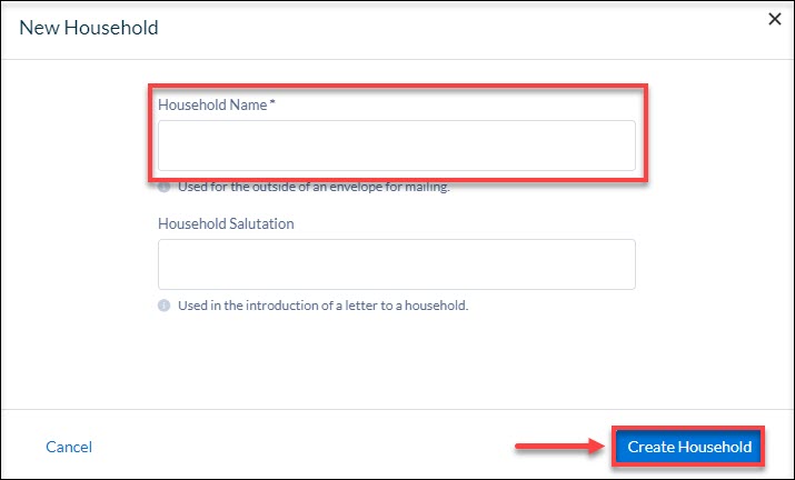 The New Household pop-up window with a red box around the Household Name field and Create Household button.