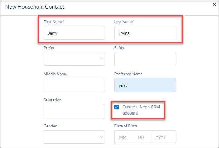The New Household Contact pop-up window with red boxes around the First Name, Last Name, and Create a Neon CRM Account fields.