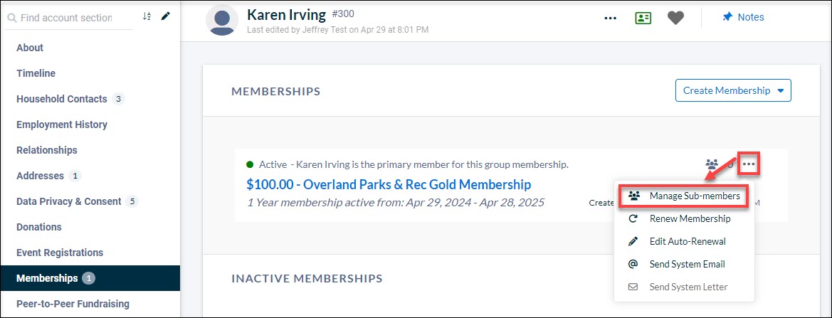 The Memberships page with red boxes around the Action menu and the Manage Sub-Members option.