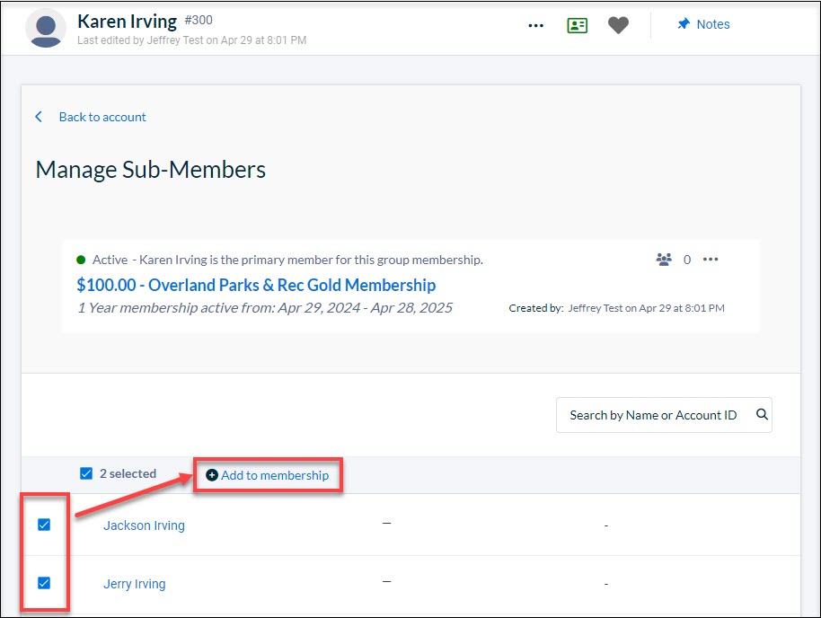 The Manage Sub-Members page with red boxes around the checkboxes nex to the sub-members' names and the Add to Membership option.