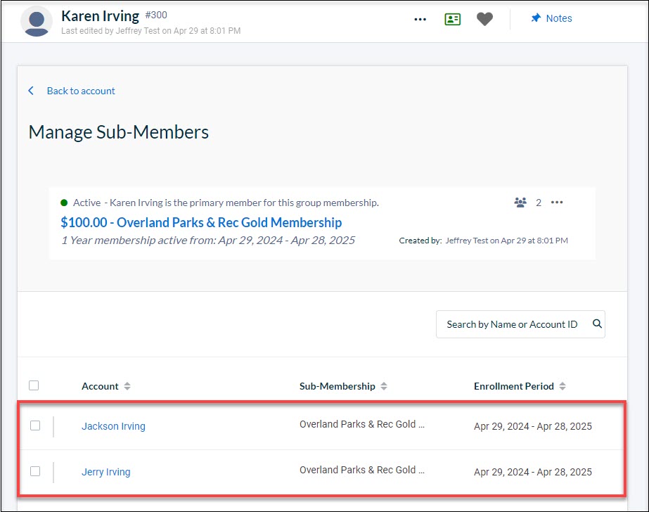 The Manage Sub-Members page with a red box around the sub-members.