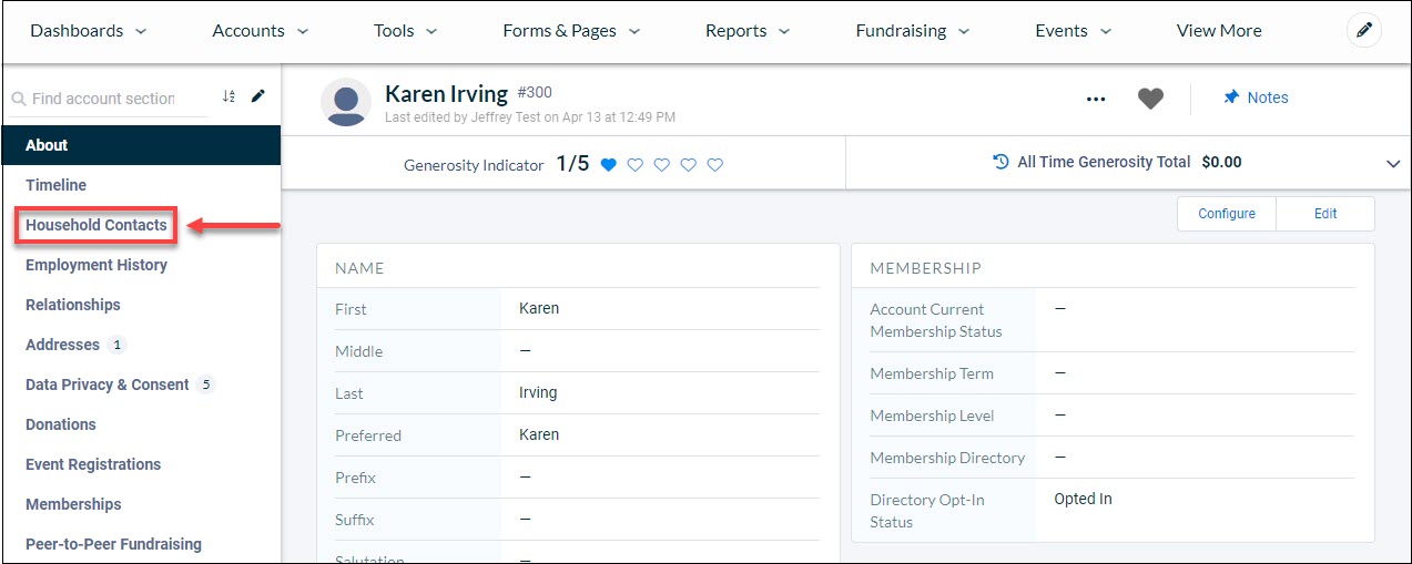 The consituent's page with a red arrow pointing to the Household Contacts option in the left navigation menu.