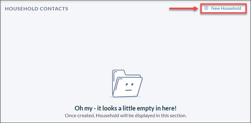 The Household Contact page with a red arrow pointing to the New Household button.