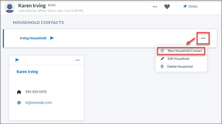 The Household Contacts page with red boxes around the Action menu and the New Household Contact option.