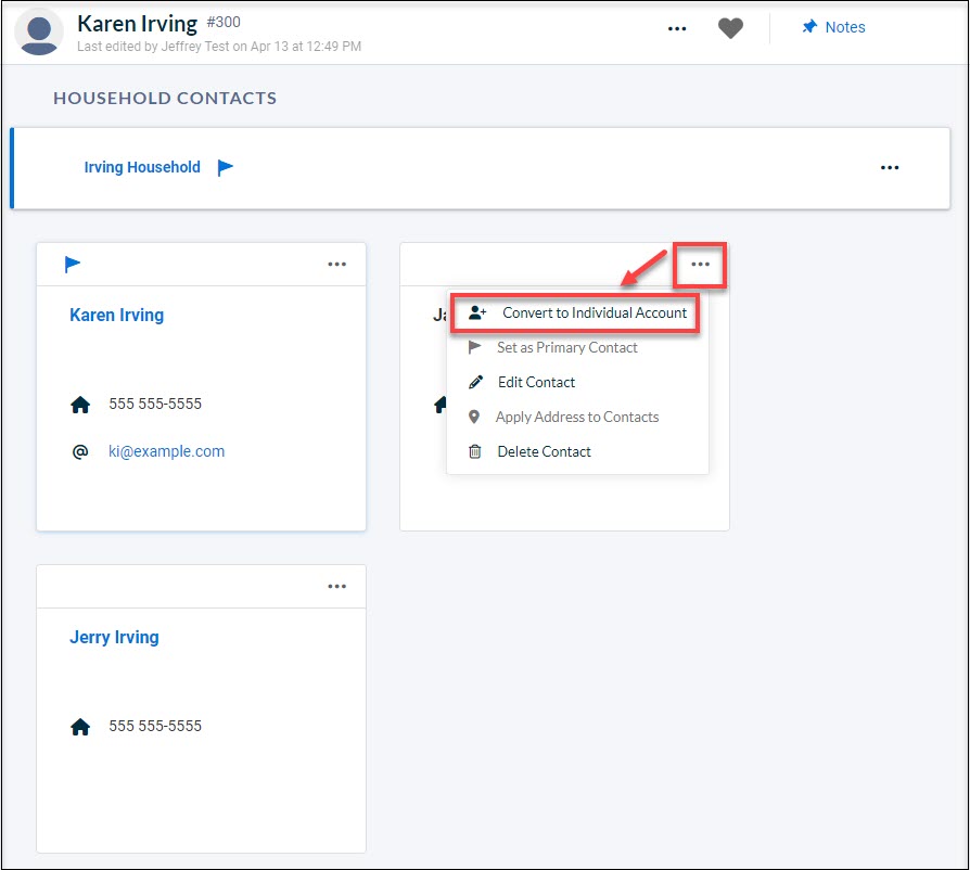 The Household Contacts page with red boxes around the Action menu and the Convert to Individual Account option.