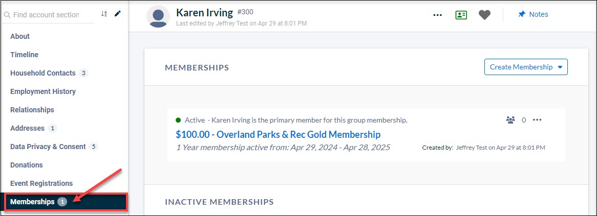 The Memberships page with a red arrow pointing to the Memberships option in the left menu.