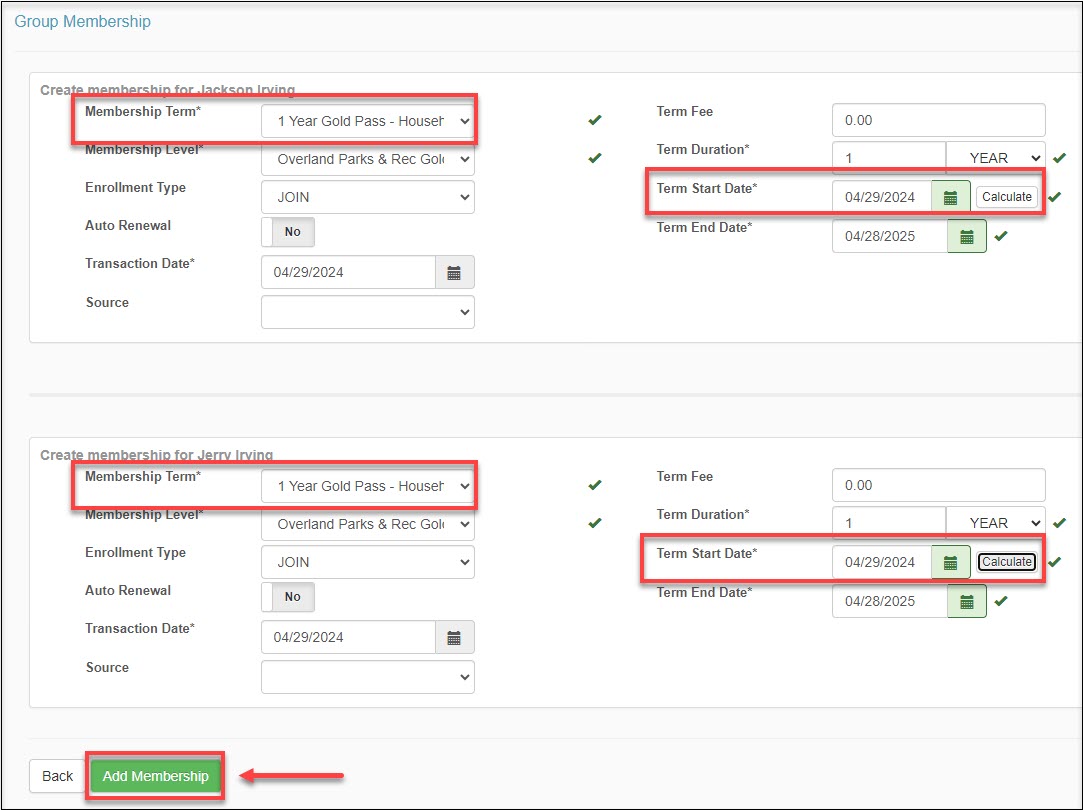 The Group Membership page with red boxes around the Membership Term and Term Start Date fields for each sub-member, and around the Add Membership button.