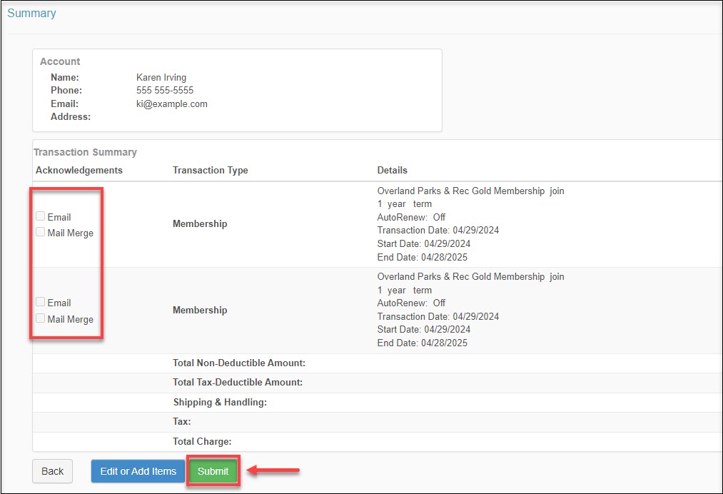 The Transaction Summary page with red boxes around the Email and Mail Merge checkboxes for each sub-member and around the Submit button.