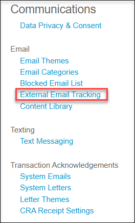 A red button around the External Email Tracking link under the communications section on the CRM global settings page. 