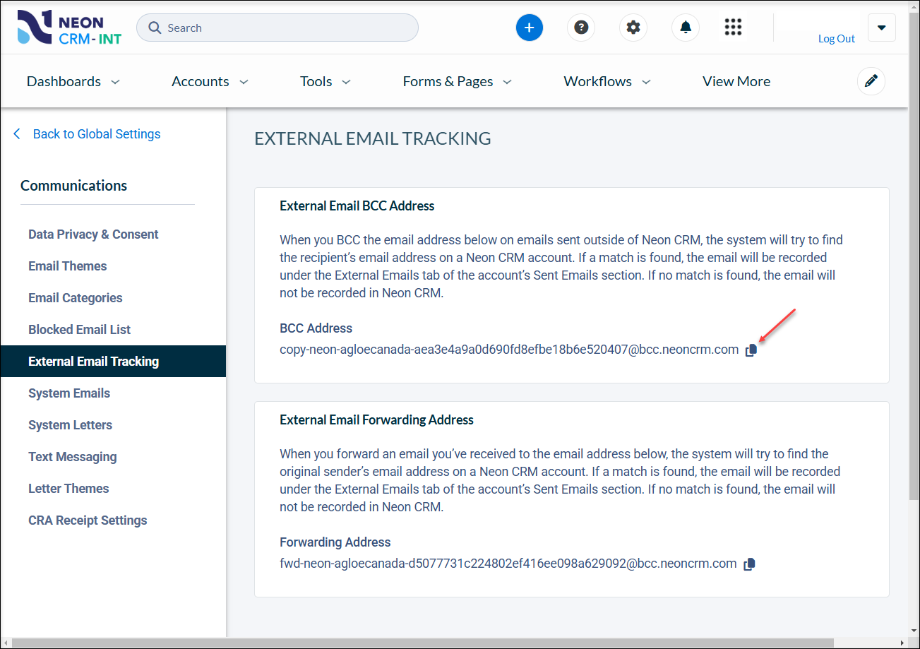 An arrow pointed to the copy link of the BCC email address on the CRM external email tracking page. 