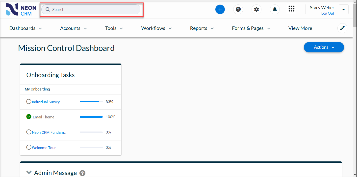A red box around the search bar on the Neon CRM mission control dashboard.