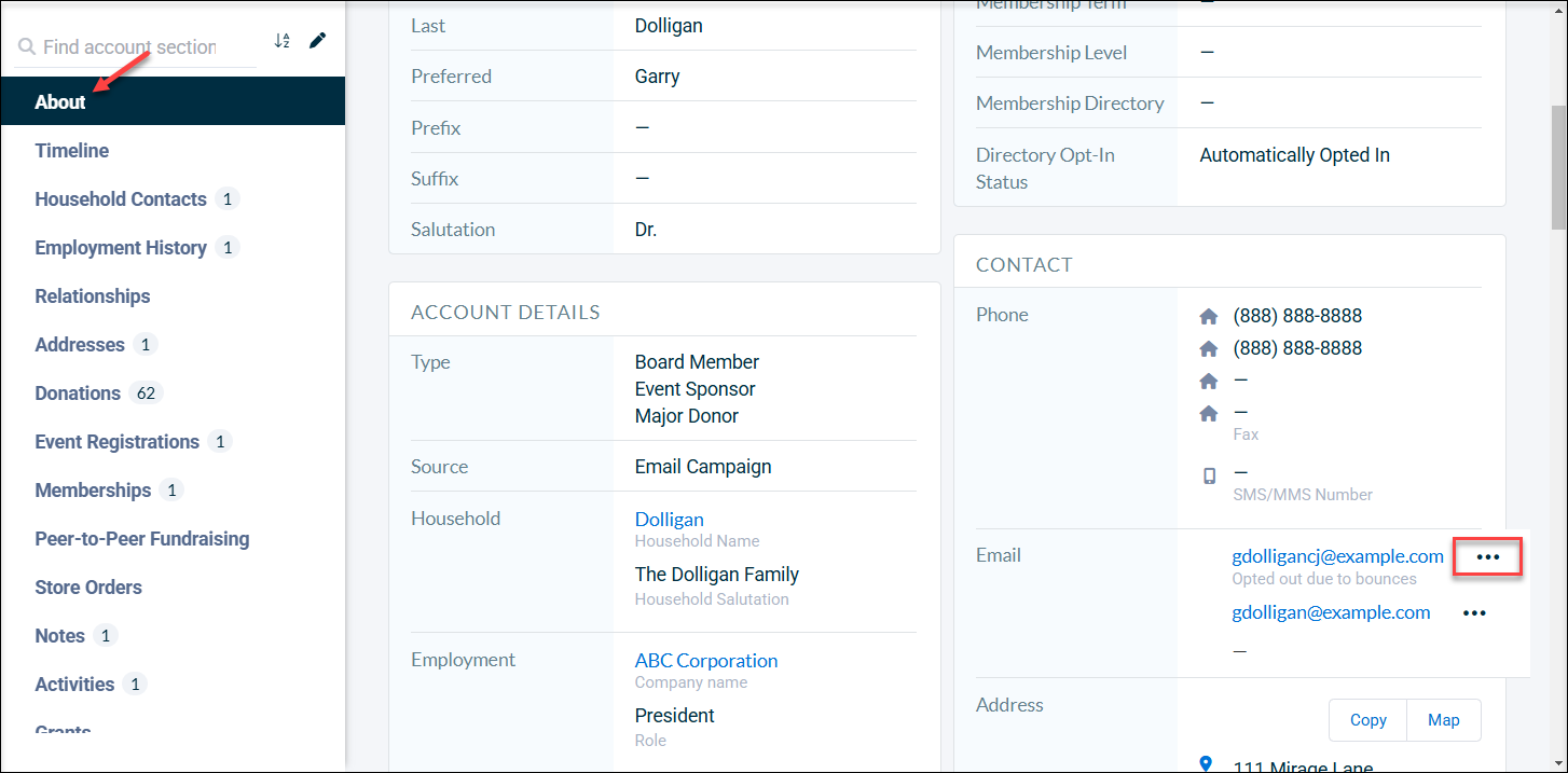 A red arrow pointed to the About tab and a red box around the three dot actions menu on a Neon CRM constituent account page. 