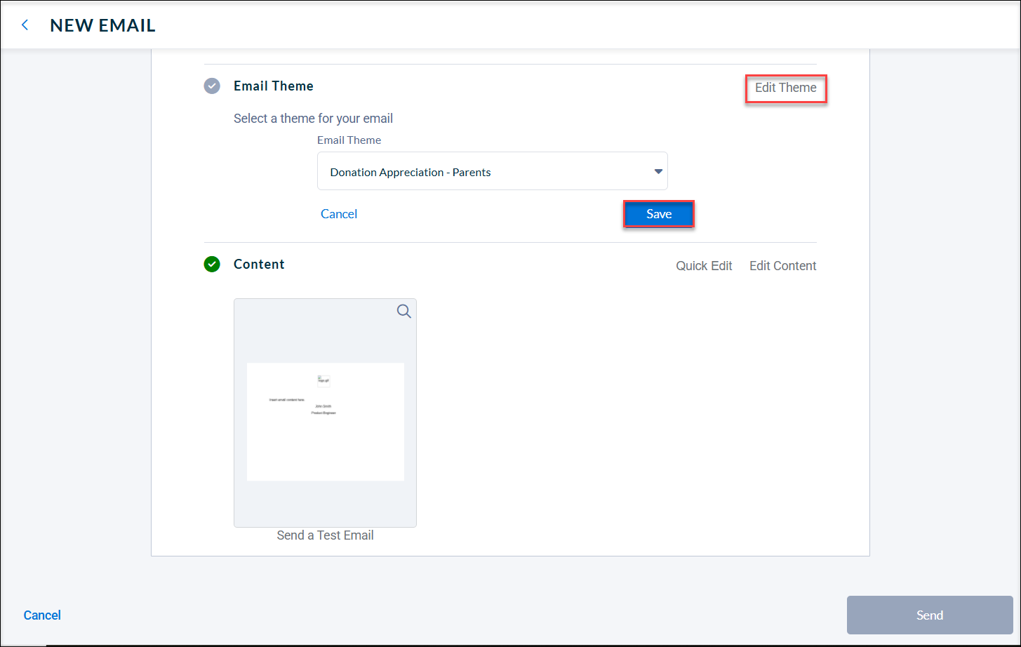 A red box around the save button in the sender section of the Neon CRM email builder. 