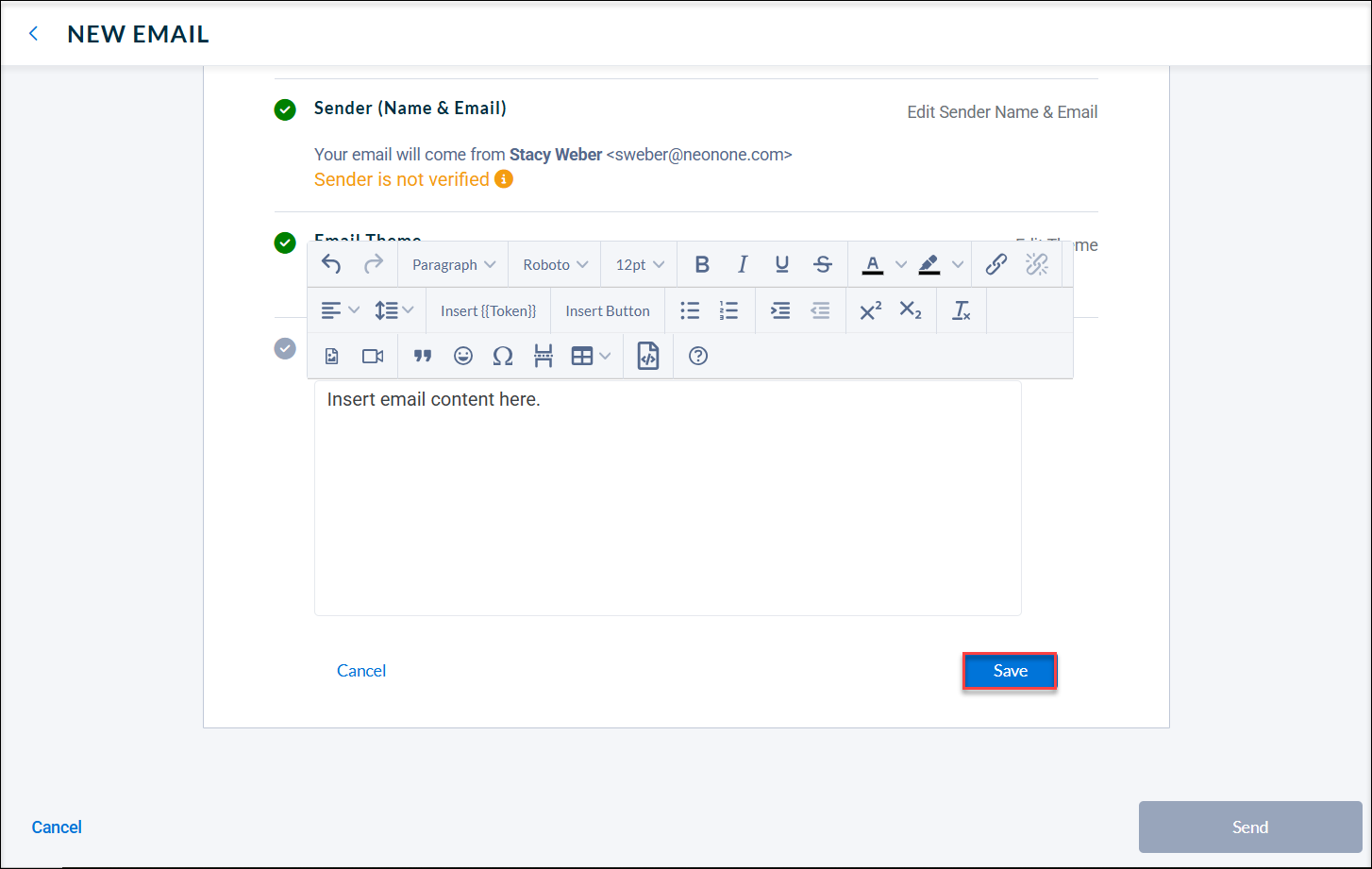 A red box around the save button in the content tab of the Neon CRM Email Builder.