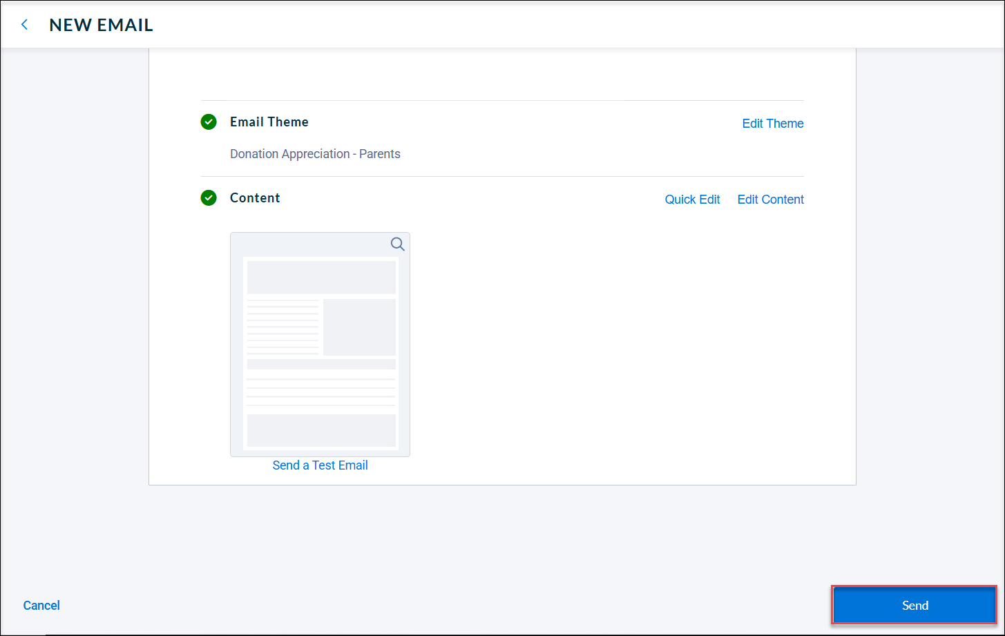 A red box around the send button on the Neon CRM email builder.