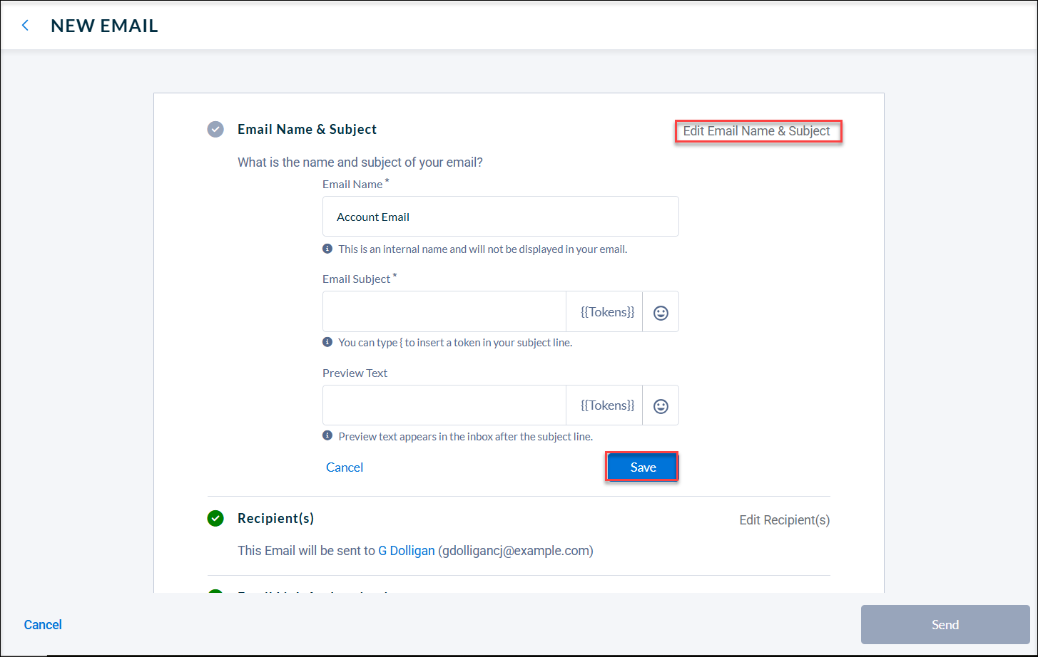 A red box around the Save button within the Email name and subject section on the Neon CRM Email builder.