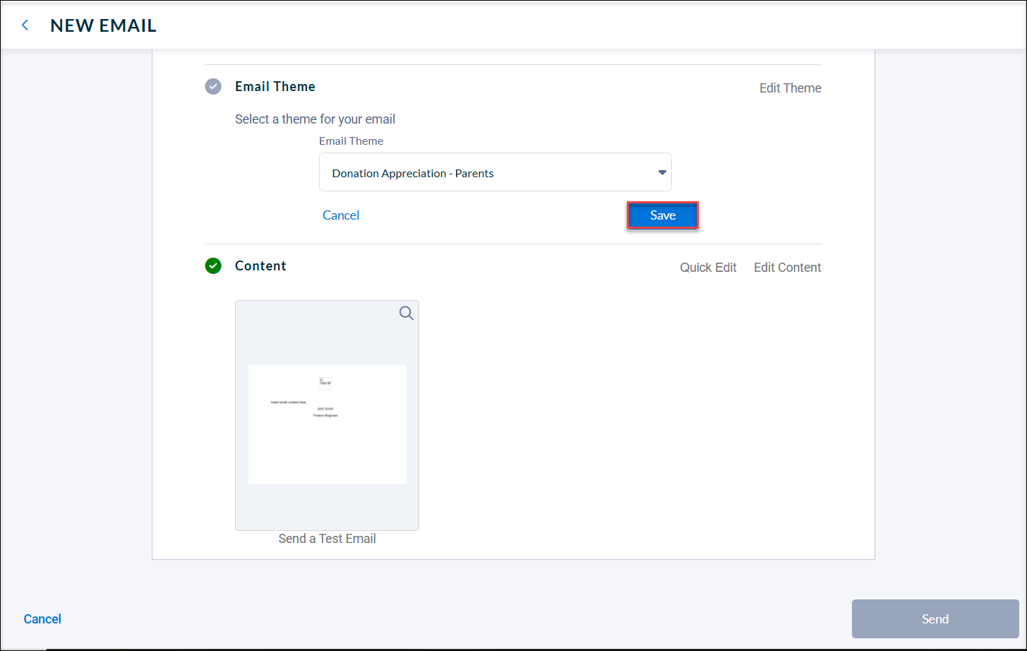 A red box around the quick edit button in the email theme tab of the Neon CRM Email Builder.