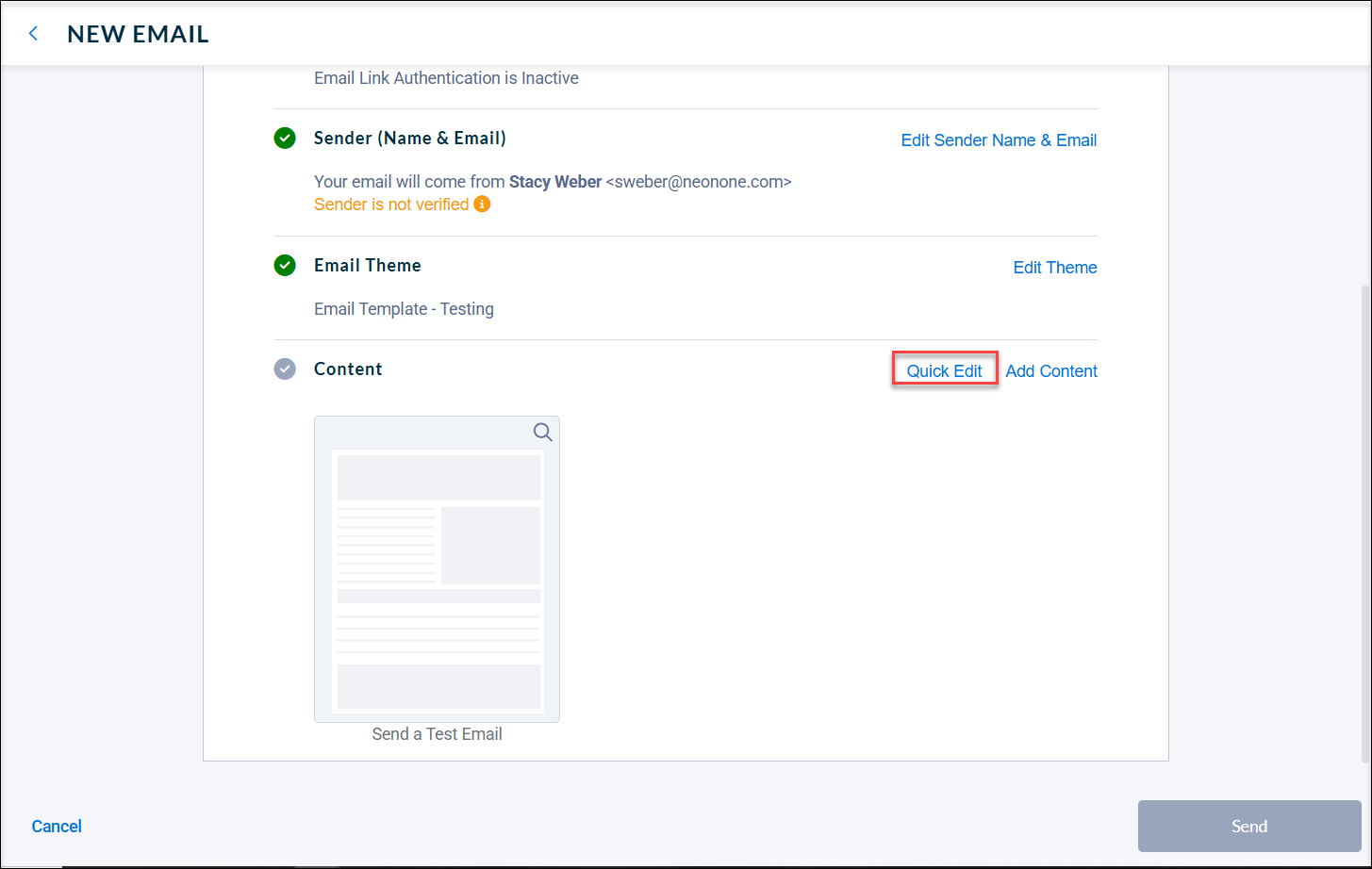 A red box around the quick edit button in the content tab of the Neon CRM Email Builder.