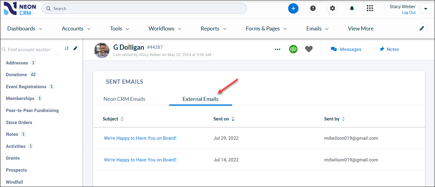 A red arrow pointed to the External Emails tab on the sent emails page within the Neon CRM constituent account profile.