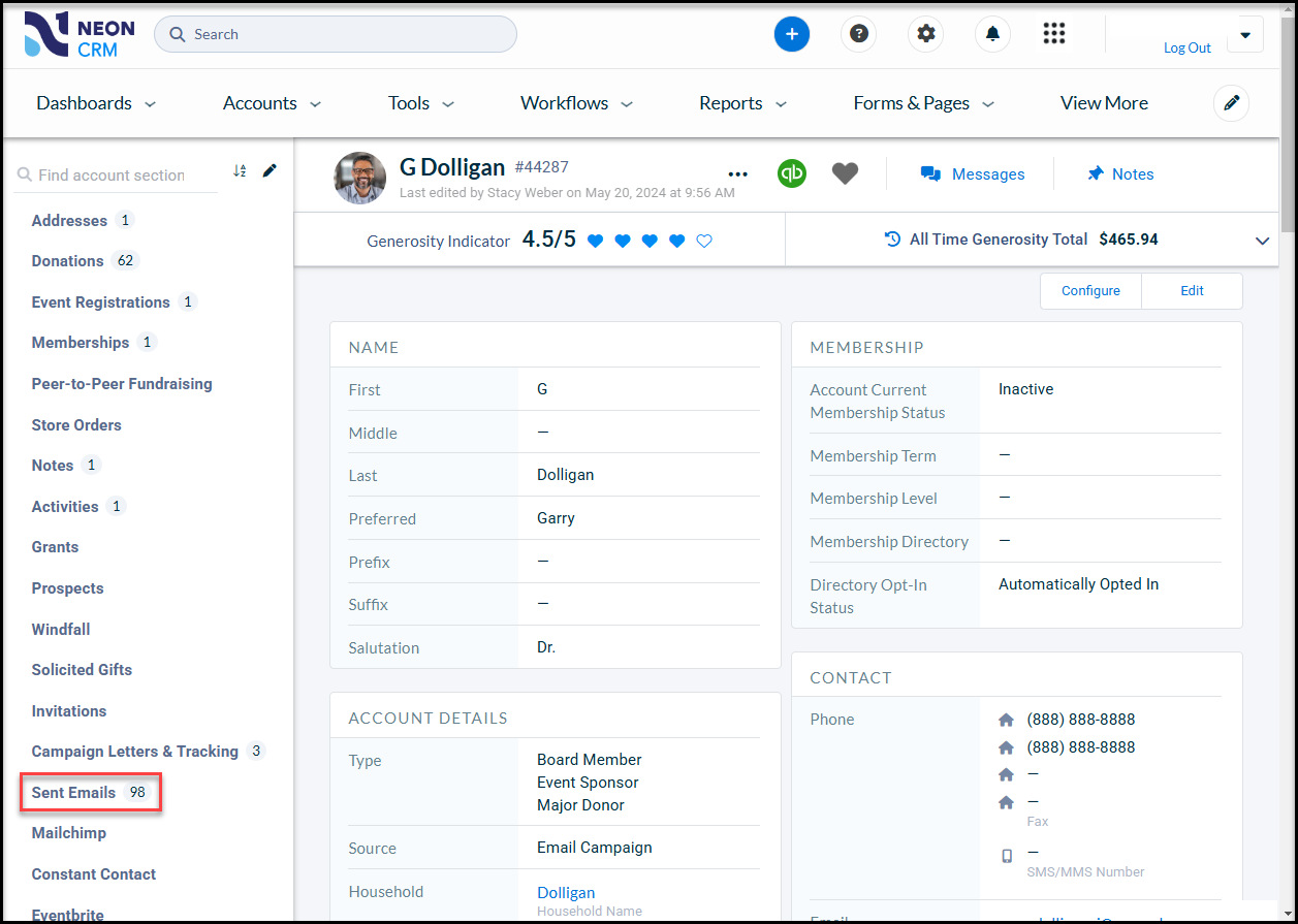 A red box around the sent emails tab on the Neon CRM Constituent profile.