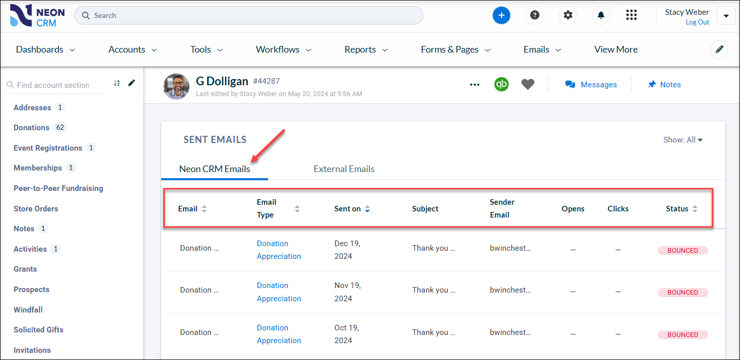A red arrow pointed to the Neon CRM Emails tab and a red box around the column headers on the sent emails page within the Neon CRM constituent account profile.
