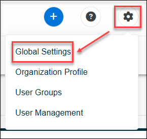 A red box around the settings cog with an arrow pointing to a red box around the global settings drop-down option within Neon CRM. 