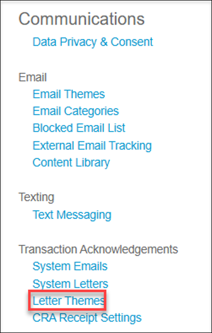 A red box around the letter themes button on the Neon CRM global settings page. 