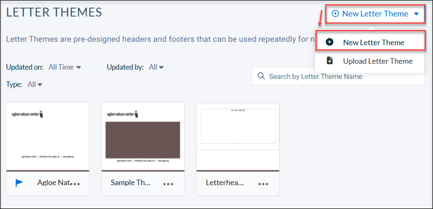 A red box around the new letter them button with an arrow pointed to the new letter theme drop-down option on the Neon CRM letter themes list page. 