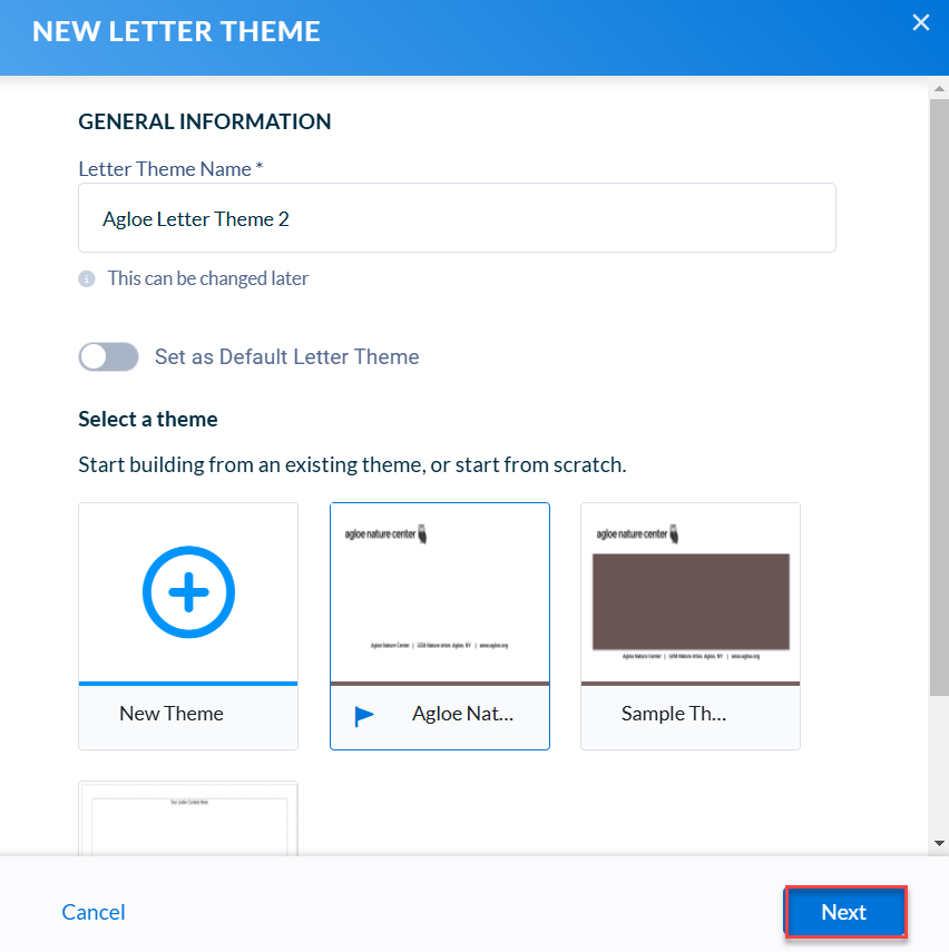 A red box around the next button on the Neon CRM new letter theme pop-up window. 