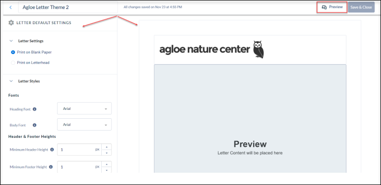 A red box around the preview button and an arrow pointing to preview on the right and the letter theme settings on the left of the Neon CRM theme builder page.