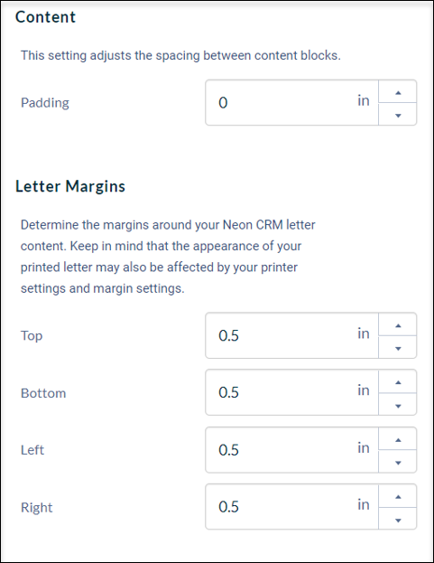The Content and Letter Margins section of the Neon CRM theme builder page. 