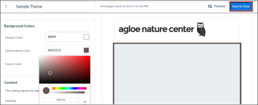 A red box around the Save & close button on the Neon CRM theme builder page. 